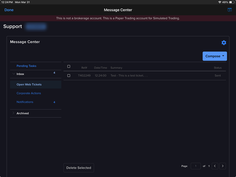 The message center messages on the iPad